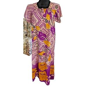 Vtg AKILA Hilo Hattie Hawaiin Floral Maxi 21" Chest Mumu Purple Mustard XXL